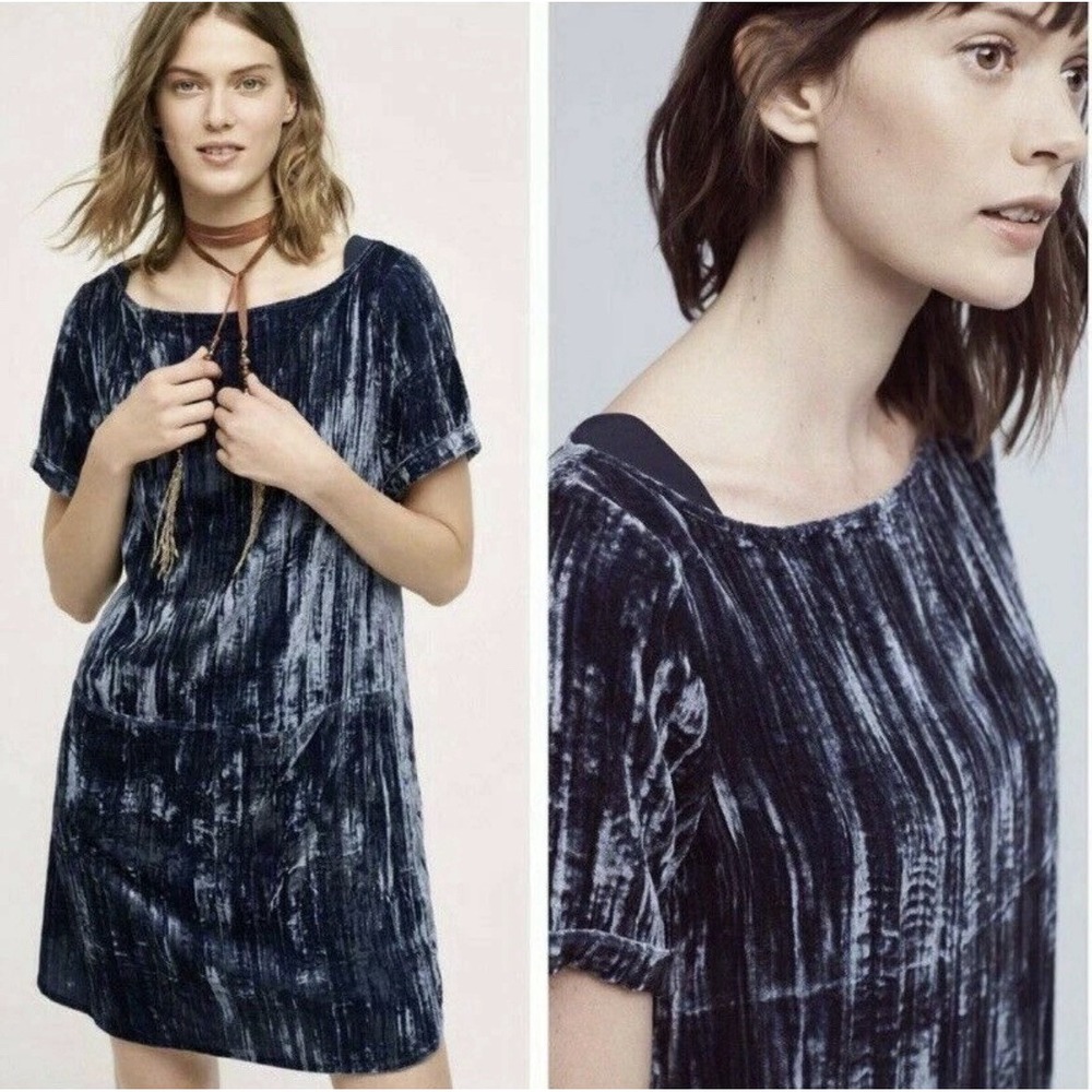 Anthropologie Floreat Navy Crushed Velvet Mini Dress Tunic Pockets Large